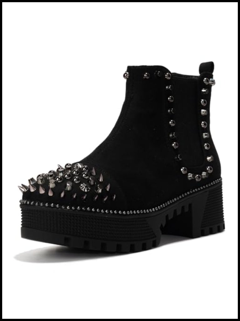 Spiky Platform Combat Boots With Gold Studs - Pull-On